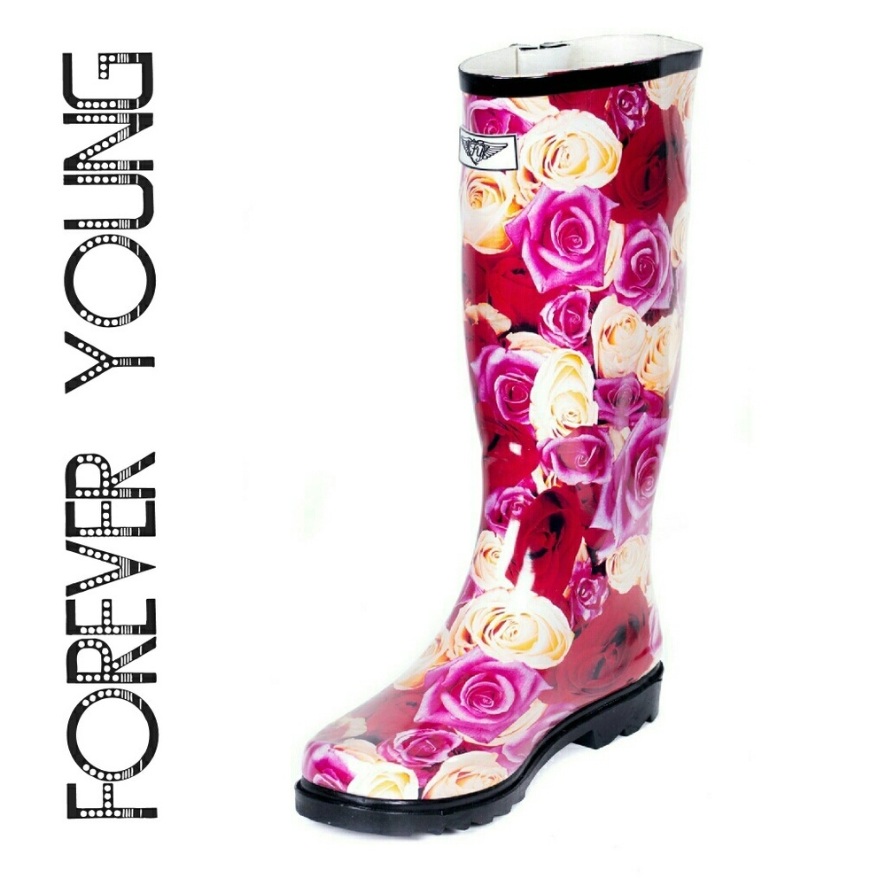 Women Knee High Rainboots, Rb-1409, Rose Garden, Size 11